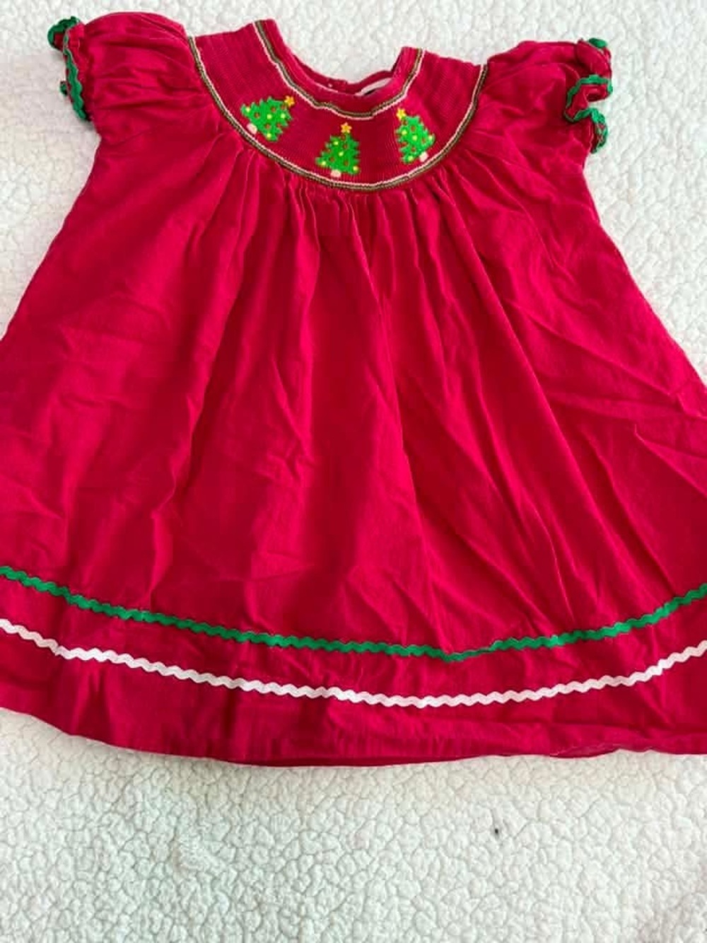 Red Holiday Dress with Embroidered Christmas Trees
